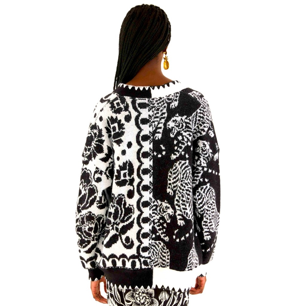 FARM Rio Black & White Mixed Striped Tigers Buttoned Knit Cardigan in Small NWT - Picture 12 of 13
